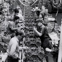 An assembly line at the Ford Motor Company plant in Brook Park, 1973: manufacturing jobs on the decline
