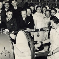 Cleveland City Hospital&rsquo;s &ldquo;iron lung&rdquo; respirator, used for treating polio patients whose paralyzed muscles cause breathing difficulties, 1933