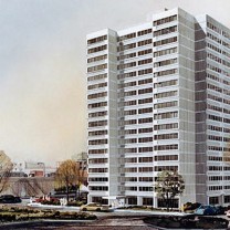 Architectural drawing of the Cleveland Metropolitan Housing Authority&#039;s Lakeview Tower, a senior high-rise proposed for the near west side in 1971