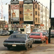 A greasy-spoon diner and flophouse at Payne and Walnut Avenues downtown, c. 1968&mdash;emblems of the City of Cleveland&rsquo;s intensifying financial distress 