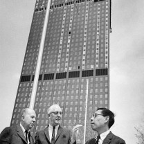 Master planner I. M. Pei (right), Cleveland&rsquo;s urban renewal director James Lister (center) and chief architect Jack Hayes at the Erieview Tower construction site, 1954 
