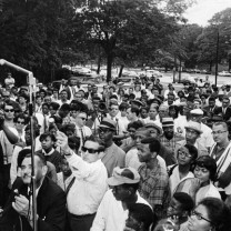 Dr. King speaking in Rockefeller Park on a visit to Cleveland in 1967. The previous year he had dramatized the issue of housing discrimination by moving his family into a grimy apartment on the segregated west side of Chicago and joining in protest marches into that city&rsquo;s all-white neighborhoods.