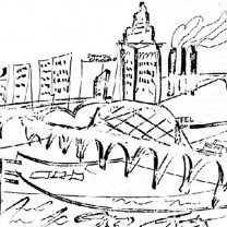 Halprin&rsquo;s impressionist sketch of Cleveland&rsquo;s &ldquo;Flats,&rdquo; which he praised as a &ldquo;tremendous resource.&rdquo;  
