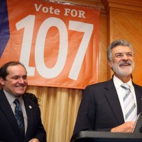 Cleveland schools CEO Eric Gordon and Cleveland mayor Frank Jackson stumping in 2012 for the passage of the first operating levy to be placed on the ballet in 16 years